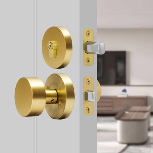 Gold Entry Door Knob and Deadbolt Combo Set Satin Brass