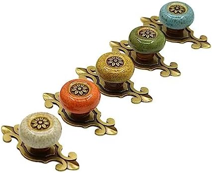 5 Pack Retro Ceramic Knobs with Leopard Print Green Design