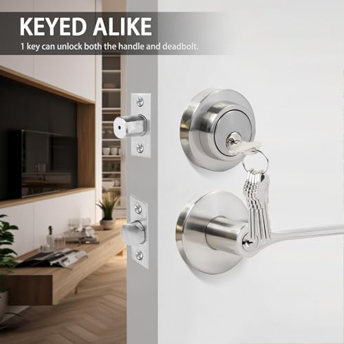 Easy to Install Door Lock Set with Deadbolt and Handle Satin Nickel