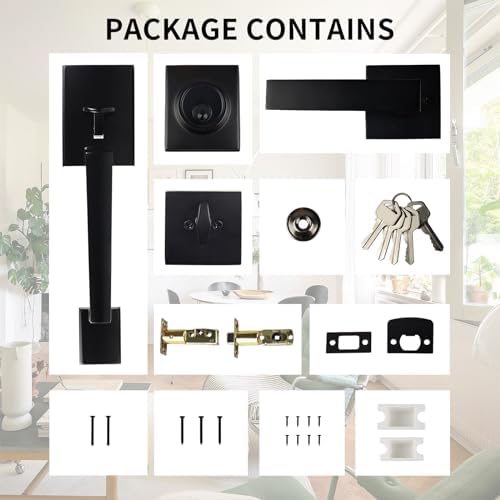 Adjustable and Reversible Front Door Handle Set with Deadbolt Lever in Black