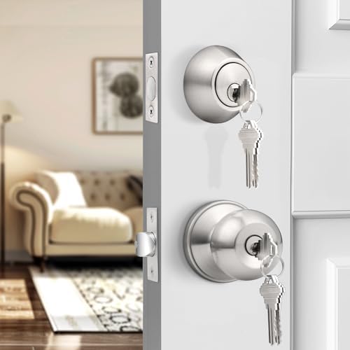 Probrico Satin Nickel Entry Door Handle Set with Deadbolts