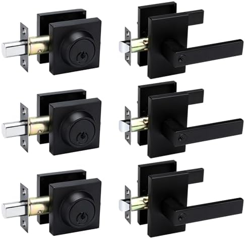 GoldenWarm 3-Pack Black Door Handle with Deadbolt Set