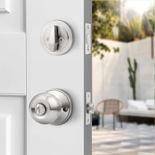 Probrico Satin Nickel Entry Door Handle Set with Deadbolts