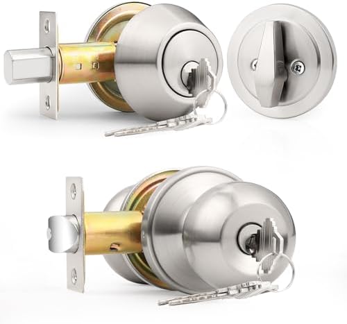Probrico Satin Nickel Entry Door Handle Set with Deadbolts