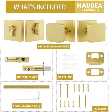 Naubea Gold Door Knob Set with Deadbolt Lock Satin Brass