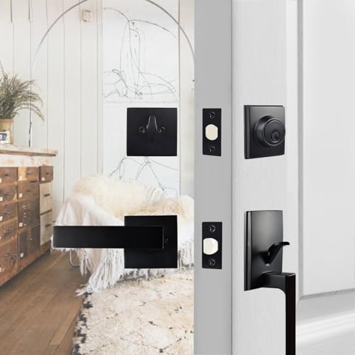 Adjustable and Reversible Front Door Handle Set with Deadbolt Lever in Black