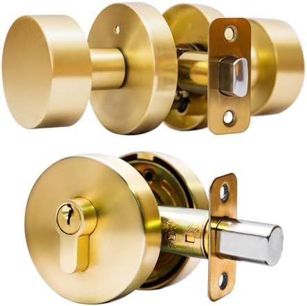 Gold Entry Door Knob and Deadbolt Combo Set Satin Brass