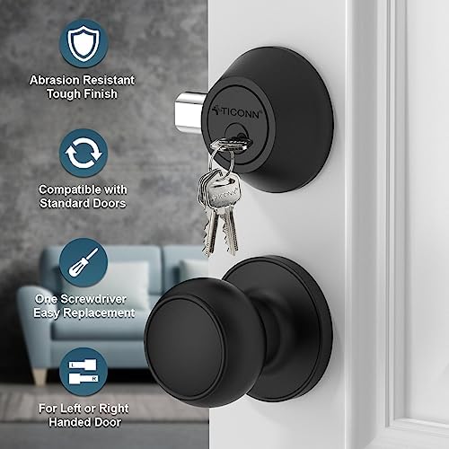 TICONN Round Door Knobs with Dead Bolt Matte Black 1-Pack
