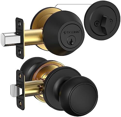 TICONN Round Door Knobs with Dead Bolt Matte Black 1-Pack
