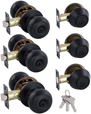 3 Pack All Keyed Identical Deadbolt Door Knob Set Classic Matte Black