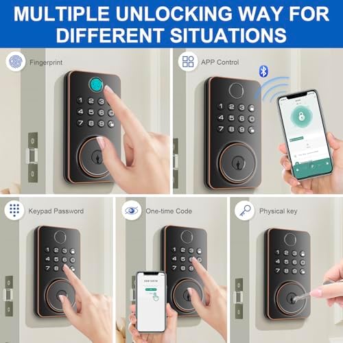 Fingerprint Deadbolt Lock with Smart Keyless Entry - 5-in-1 Unlock Gold Black