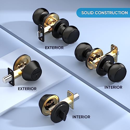 TICONN Round Door Knobs with Dead Bolt Matte Black 1-Pack