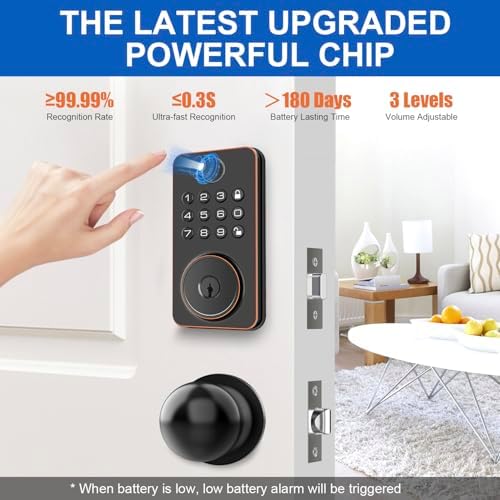 Fingerprint Deadbolt Lock with Smart Keyless Entry - 5-in-1 Unlock Gold Black