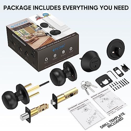 TICONN Round Door Knobs with Dead Bolt Matte Black 1-Pack