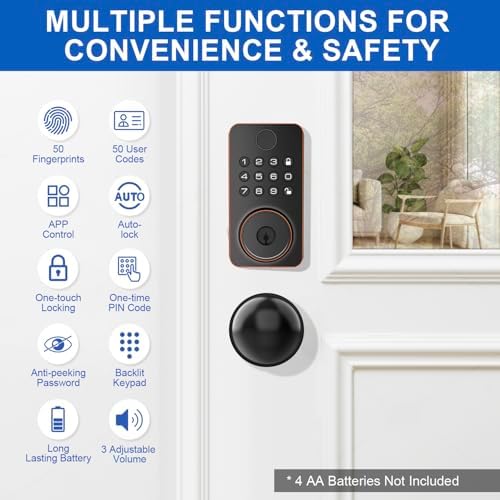 Fingerprint Deadbolt Lock with Smart Keyless Entry - 5-in-1 Unlock Gold Black
