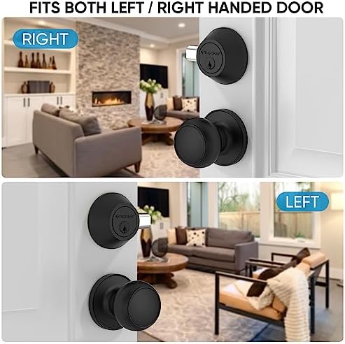 TICONN Round Door Knobs with Dead Bolt Matte Black 1-Pack