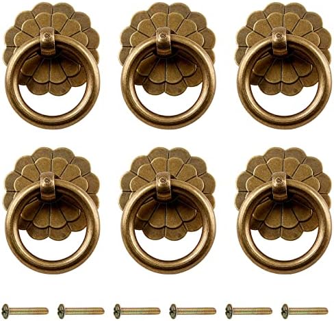 6-Piece Antique Brass Ring Pulls for Cabinets