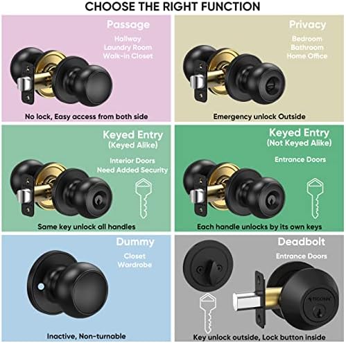 TICONN Round Door Knobs with Dead Bolt Matte Black 1-Pack