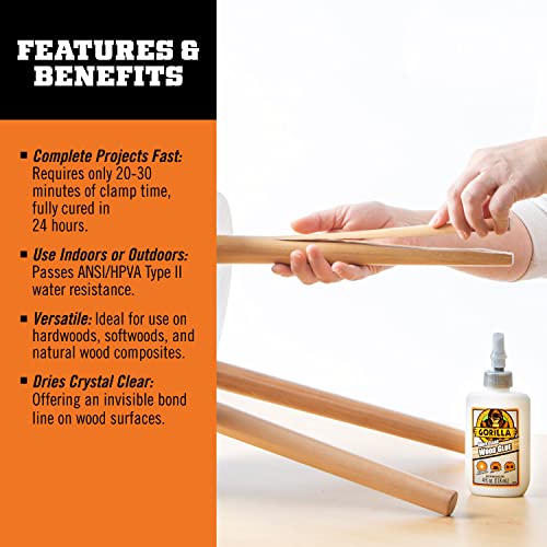 Gorilla Dries Clear Wood Glue 4oz Bottle Pack of 2