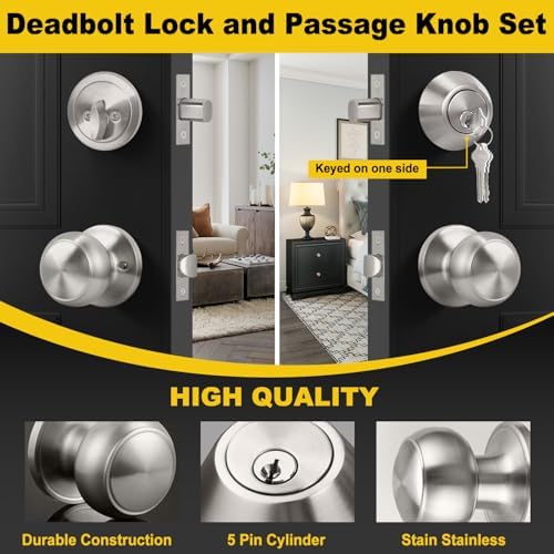 Secure Entry Deadbolt Lock Passage Door Knob Pair