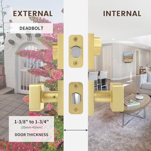 Naubea Gold Door Knob Set with Deadbolt Lock Satin Brass