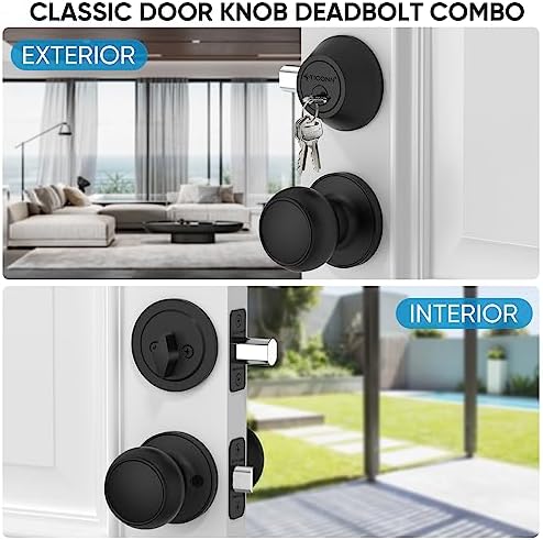 TICONN Round Door Knobs with Dead Bolt Matte Black 1-Pack