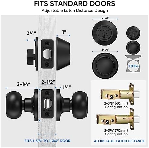TICONN Round Door Knobs with Dead Bolt Matte Black 1-Pack