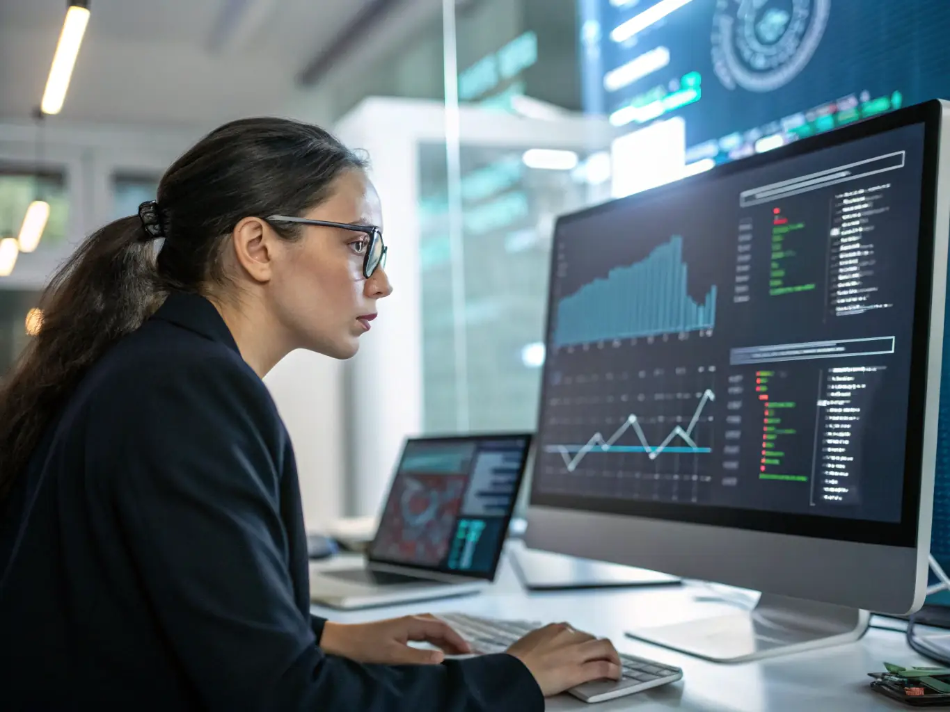 A cybersecurity expert is analyzing network traffic on a computer screen, highlighting potential threats and vulnerabilities.