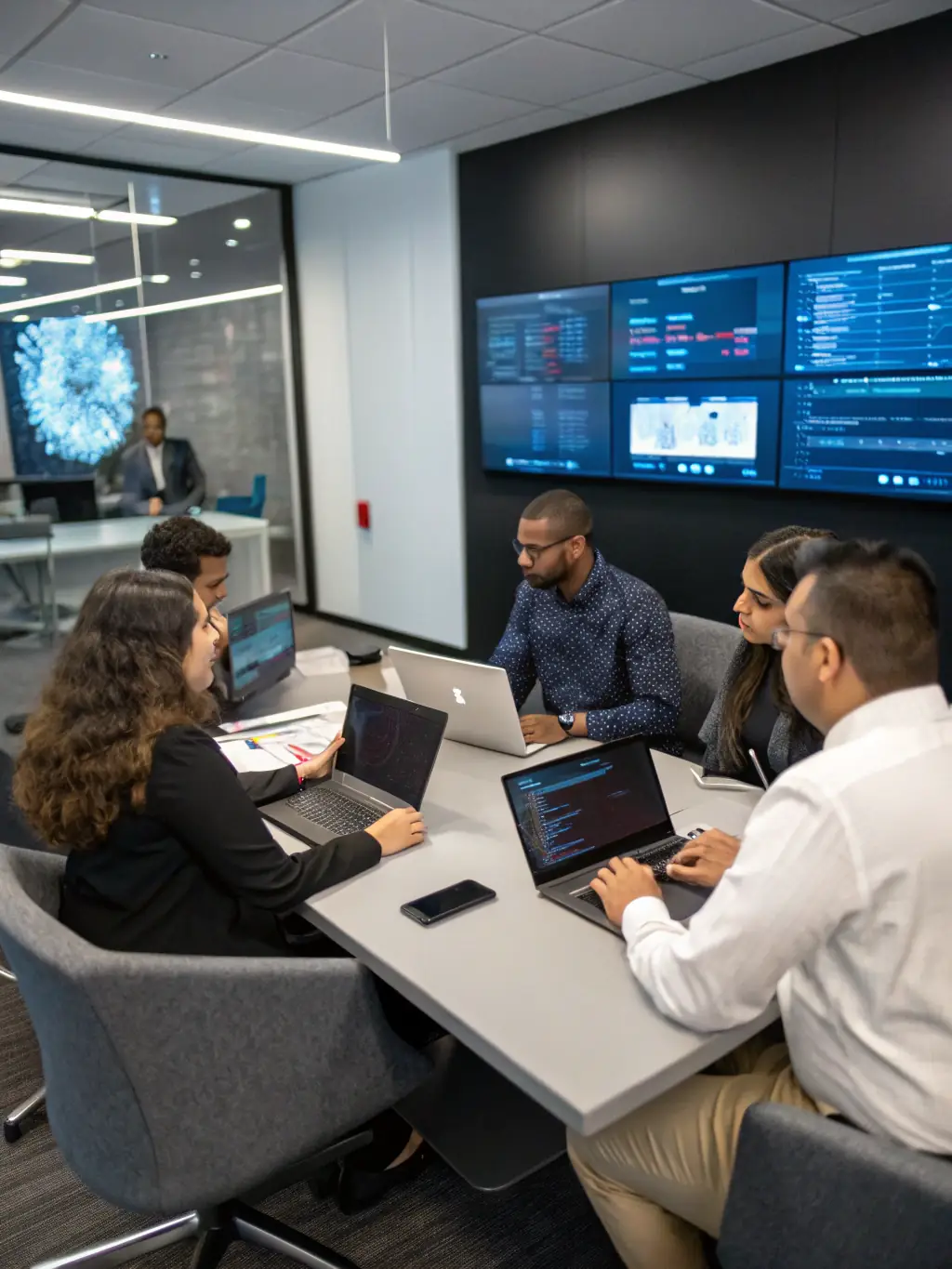 A team of IT consultants collaborating around a table, discussing IT strategy development, with laptops and tablets displaying project timelines and milestones.