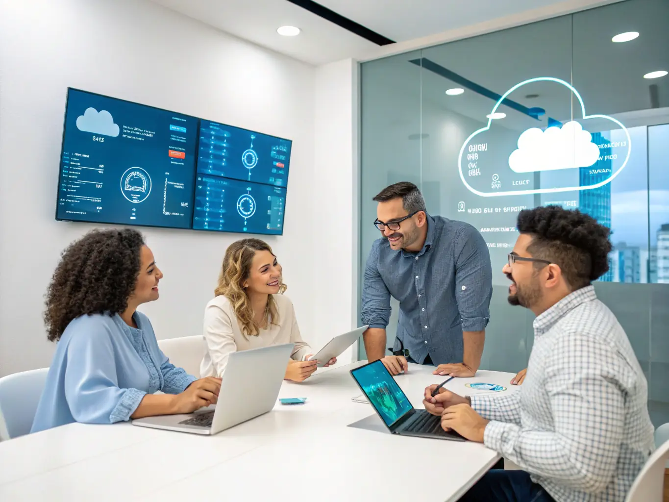 A consultant is leading a workshop on cloud migration, demonstrating the benefits of cloud-based solutions for scalability and cost savings.