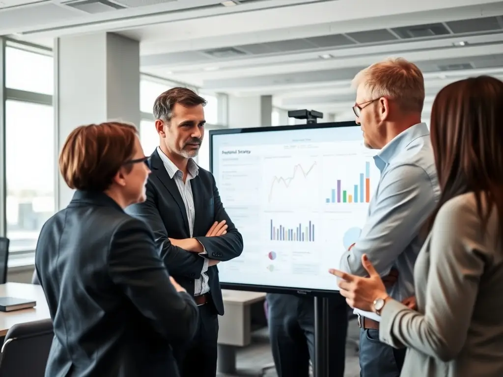 An image depicting a team of consultants working with a client on digital transformation strategies, using laptops and discussing data analytics on a whiteboard in a modern office setting.