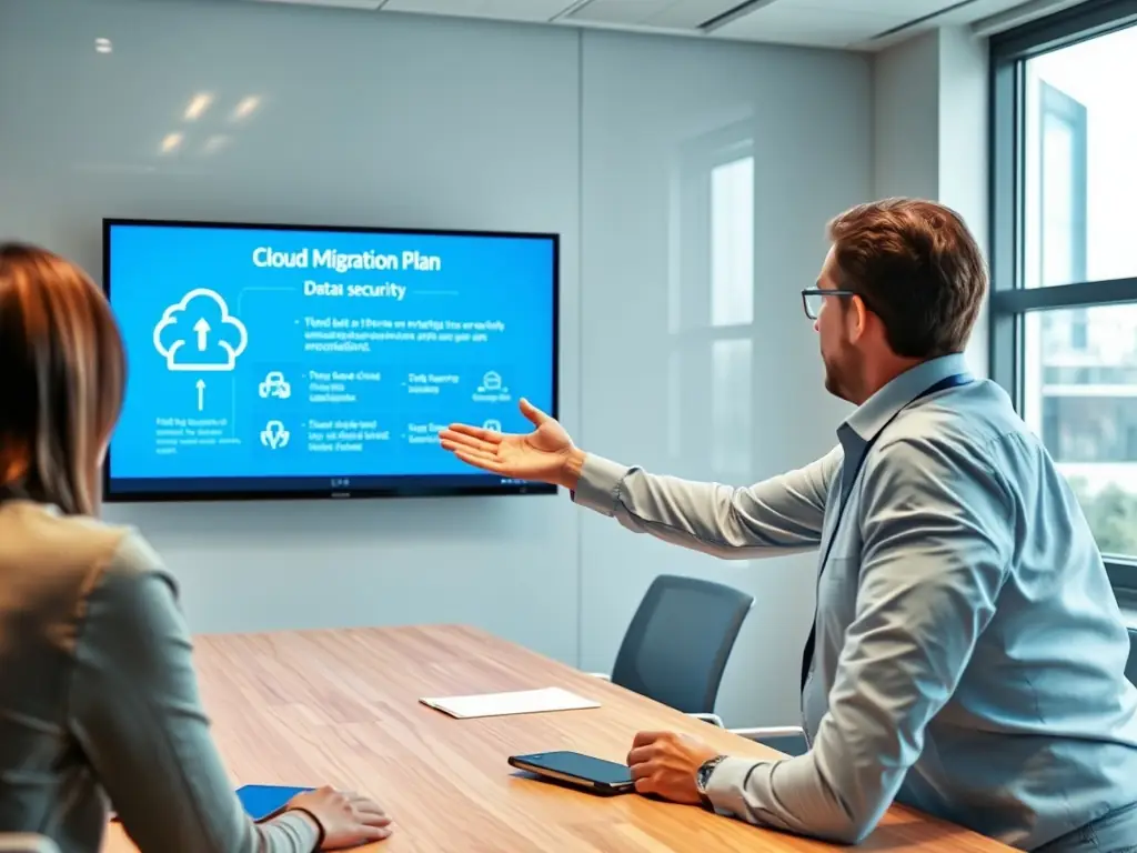 An image showing a consultant presenting a cloud migration strategy to a client, highlighting security and scalability benefits.