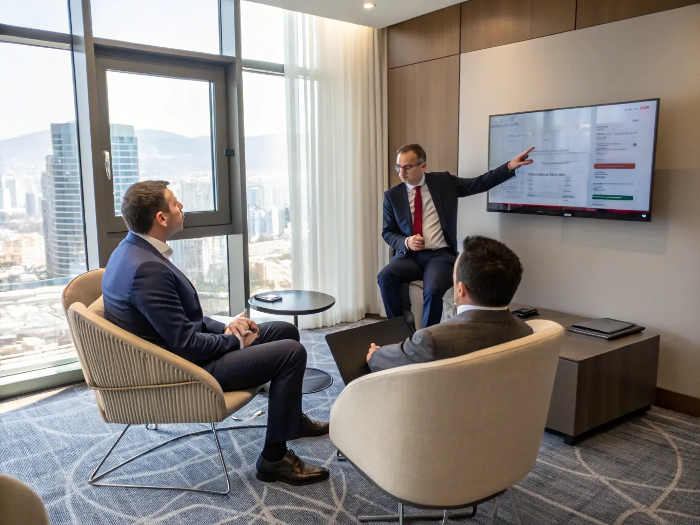 A professional consultant is advising a client in a modern office setting, discussing digital transformation strategies with charts and graphs displayed on a large screen.