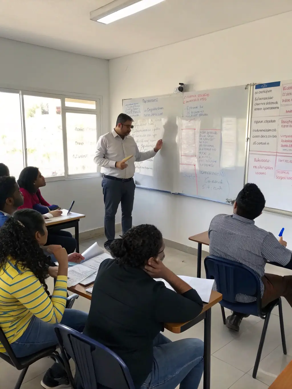 A consultant leading a cybersecurity workshop, teaching best practices for data protection and threat mitigation to a group of employees.