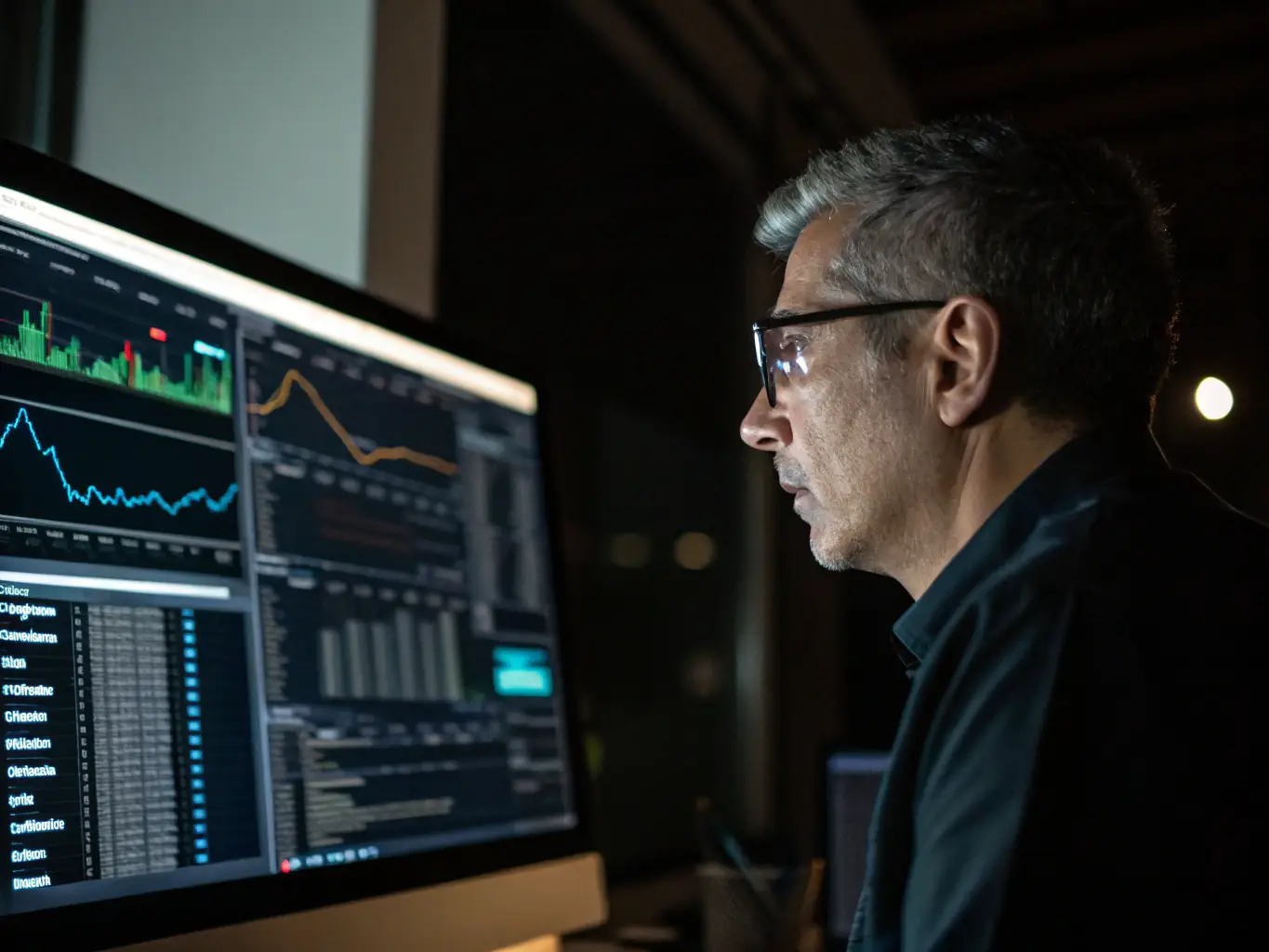 A cybersecurity expert is analyzing network traffic on a computer screen, with various security protocols and data visualizations in the background.
