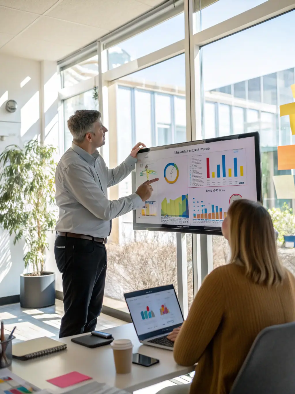 A consultant presenting data analytics insights to a client, showcasing key performance indicators and trends to inform strategic decision-making.