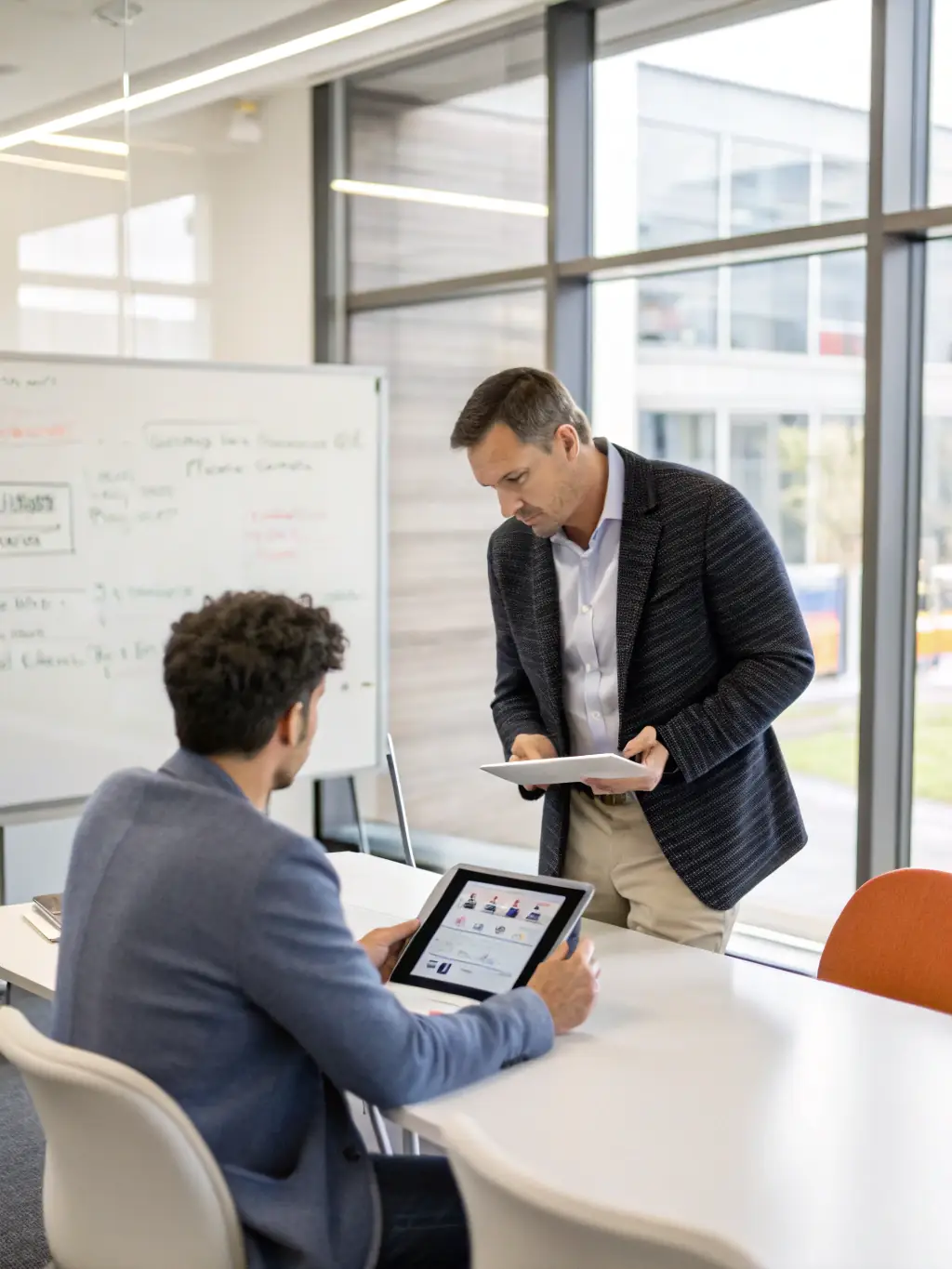 A consultant presenting cloud solution options to a client, showcasing the benefits of cloud migration and optimization on a tablet.