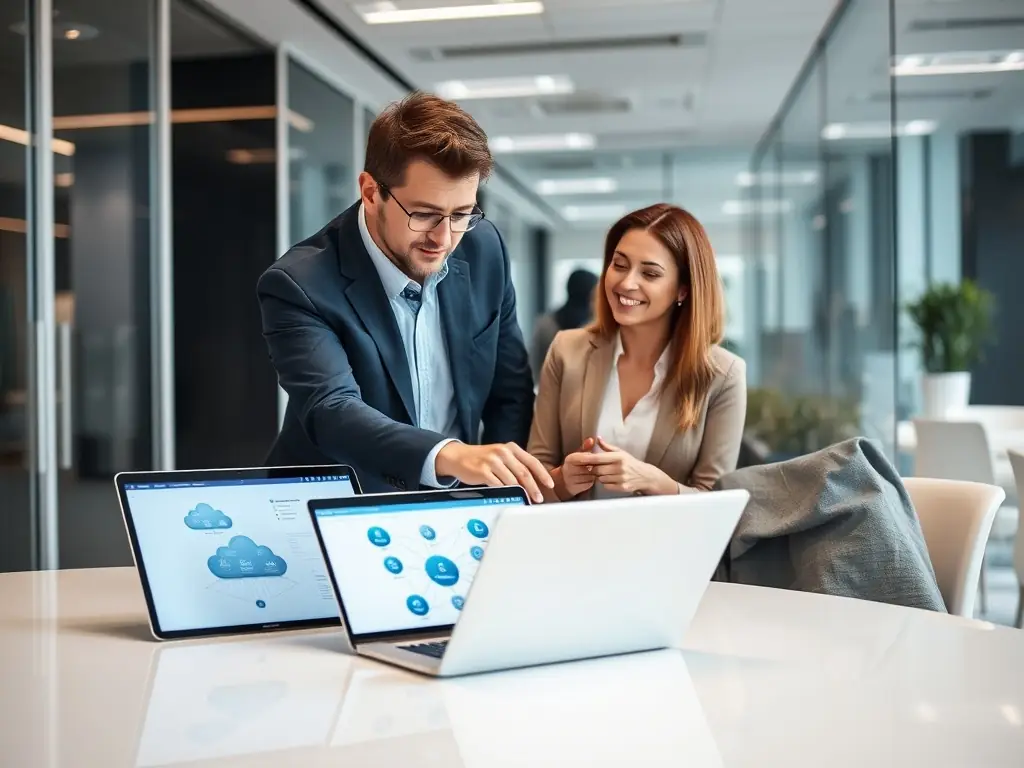 A consultant is presenting a cloud migration plan to a client, showcasing the benefits of cloud computing with a diagram of interconnected servers.