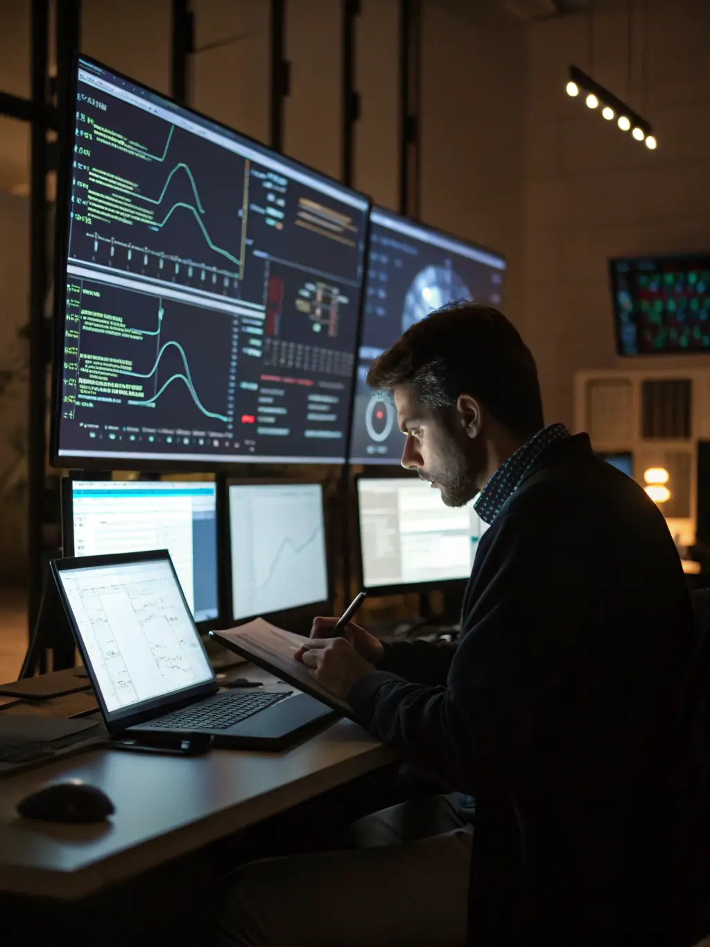 A cybersecurity expert analyzing network security data, identifying vulnerabilities and implementing security measures to protect sensitive information.