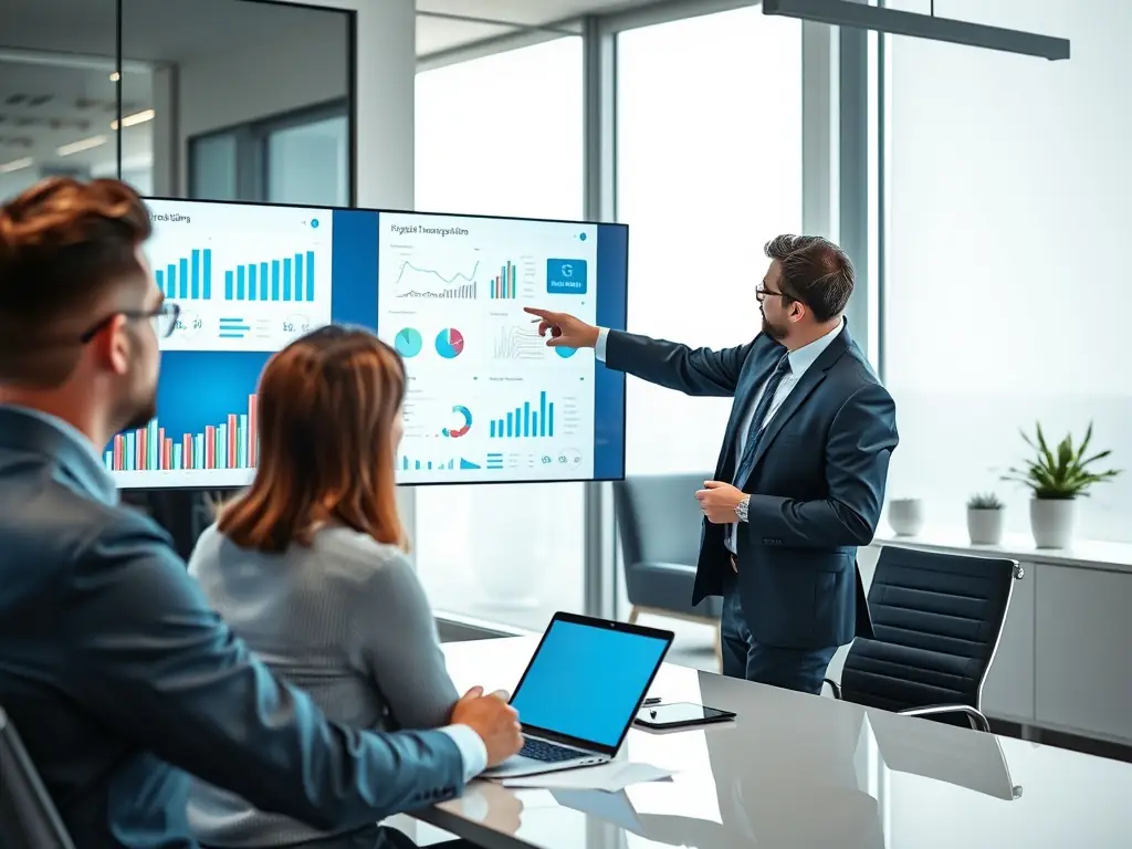 A consultant is presenting a digital transformation strategy to a client in a modern office setting, emphasizing the integration of new technologies.
