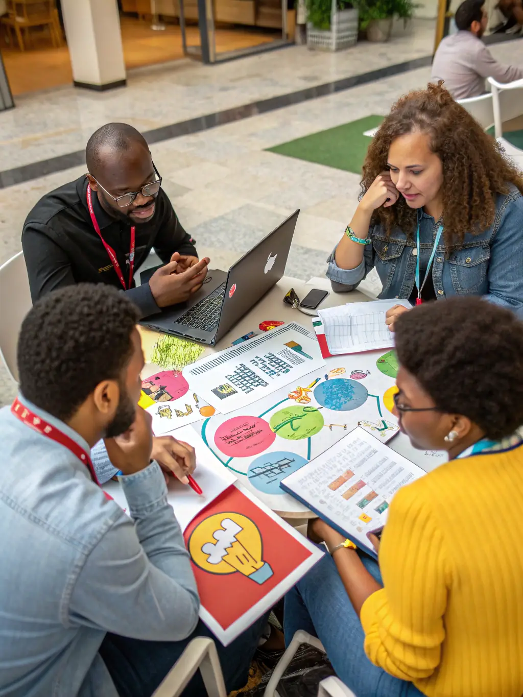 A team of IT consultants collaborating around a table, discussing IT strategy development, with laptops and tablets displaying strategic plans and timelines.