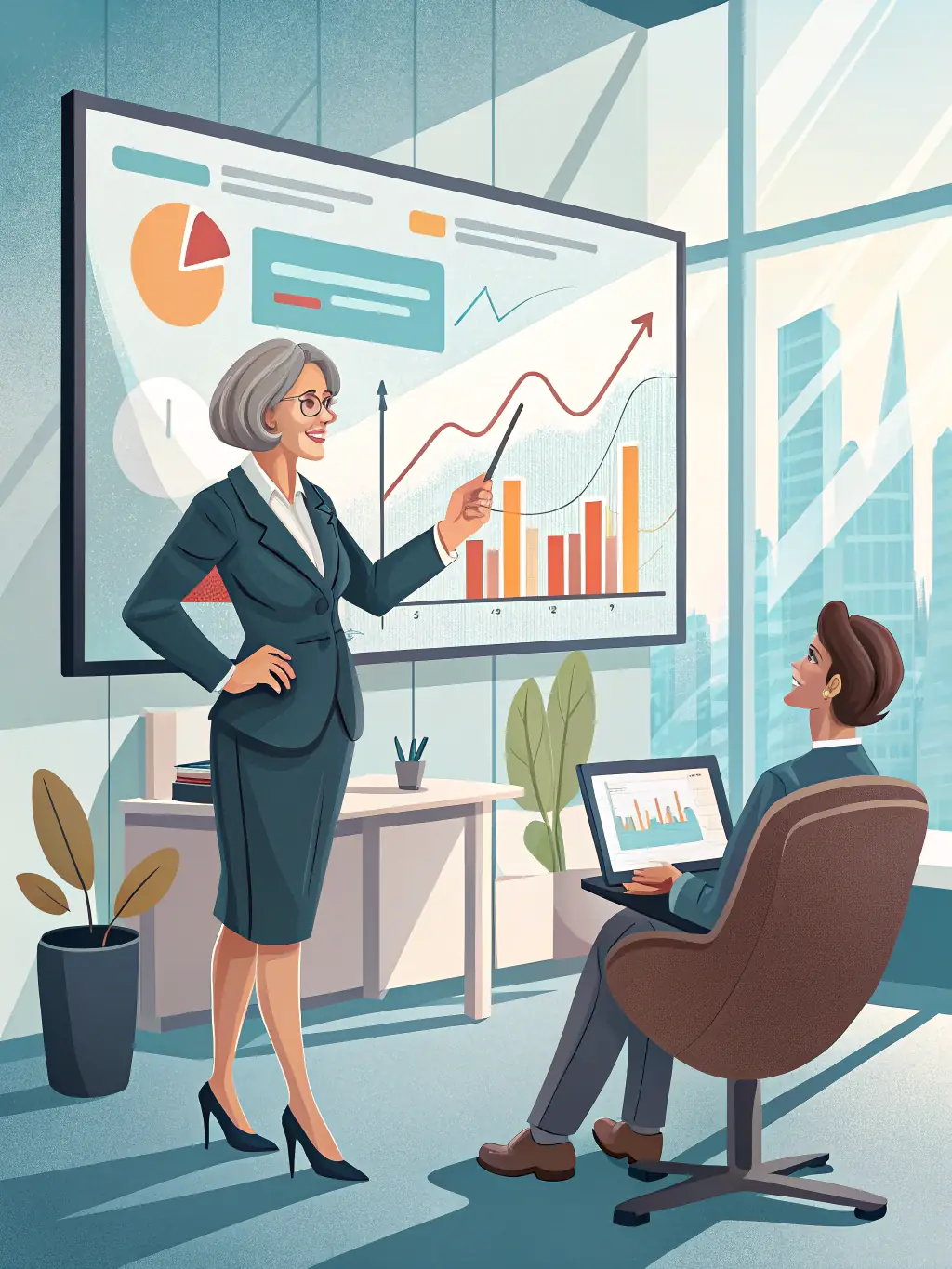 A consultant in a modern office setting, advising a client on digital transformation strategies, with charts and data visualizations displayed on a large screen in the background.